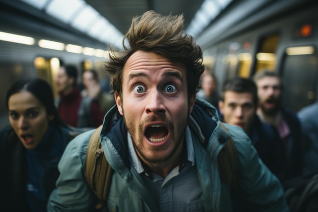 une image d'un homme dans un train de métro avec la bouche grande ouverte
