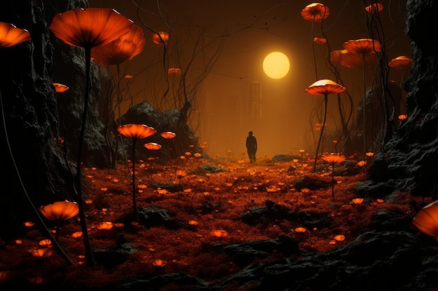 une image d'un homme marchant dans une forêt sombre avec des fleurs oranges