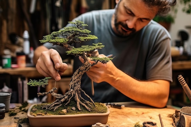 Image d'un homme qui s'occupe de son bonsai Concept d'art japonais avec des arbres Photographie créée avec l'IA
