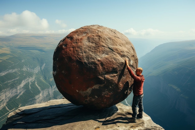 L'image d'un homme soulevant une grande pierre ronde vers le sommet de la montagne