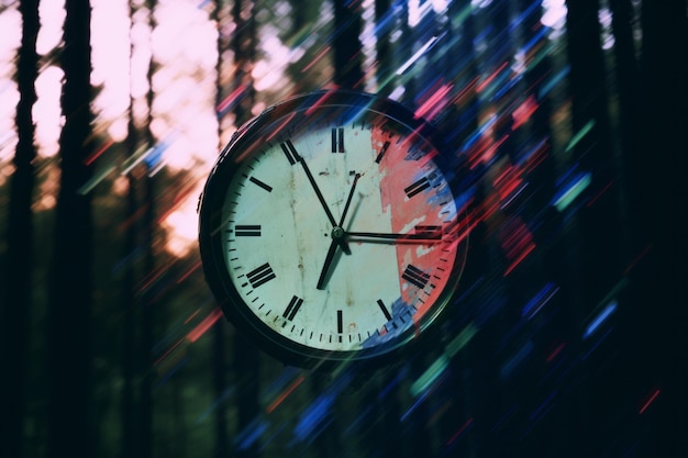 une image d'une horloge au milieu d'une forêt