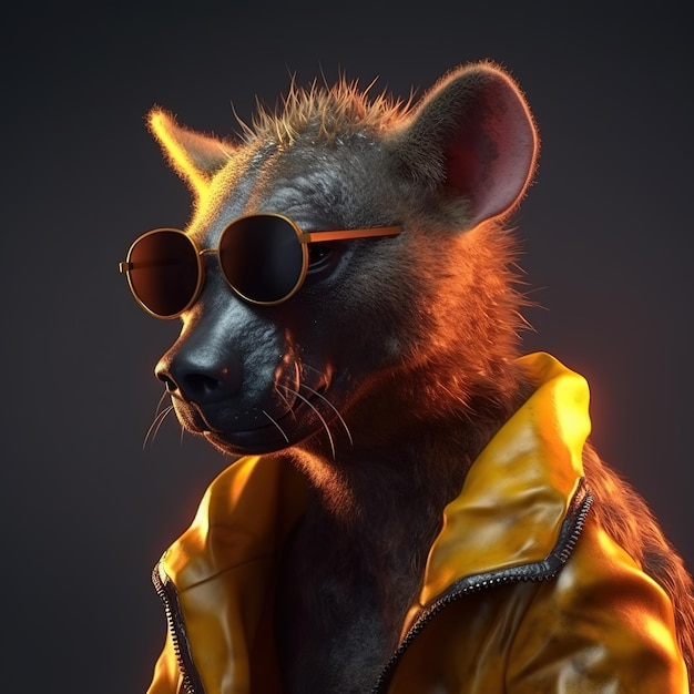 Image d'une hyène portant des lunettes de soleil et une veste en cuir sur un fond propre Animales sauvages Illustration IA générative