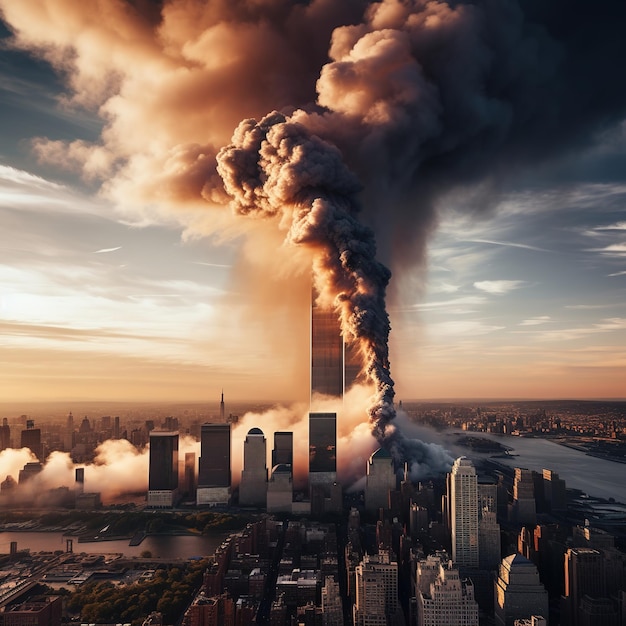 Image hyper réaliste représentant la destruction des tours jumelles de New York le 11 septembre Ai générative