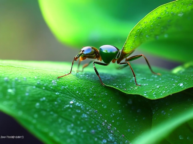 Une image hyperréaliste d'une fourmi dont l'exosquelette brille dans la rosée du matin sur un fond vert vibrant