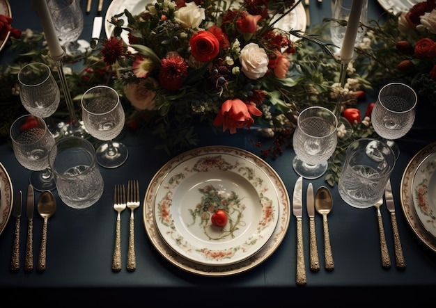 Une image hyperréaliste d'une table mise en place pour un dîner formel avec un élégant cristal de porcelaine