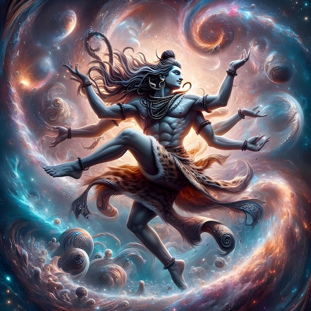 L'image de l'IA du Seigneur Shiva dans une pose de danse dynamique entourée de galaxies et d'étoiles tourbillonnantes