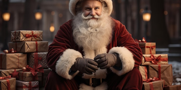 Image IA générative du Père Noël souriant avec une longue barbe blanche