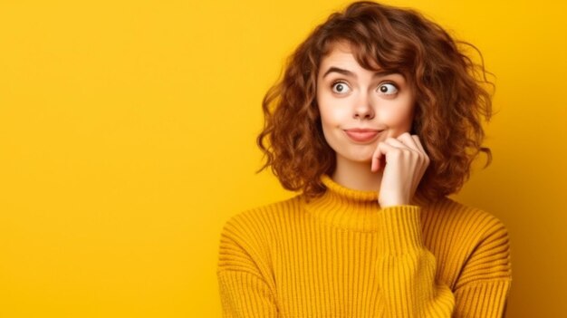 Image IA générative d'une jolie fille avec une coiffure bob et un haut à épaules dénudées regardant une bonne affaire inattendue