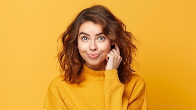 Image IA générative d'une jolie fille avec une coiffure bob et un haut à épaules dénudées regardant une bonne affaire inattendue