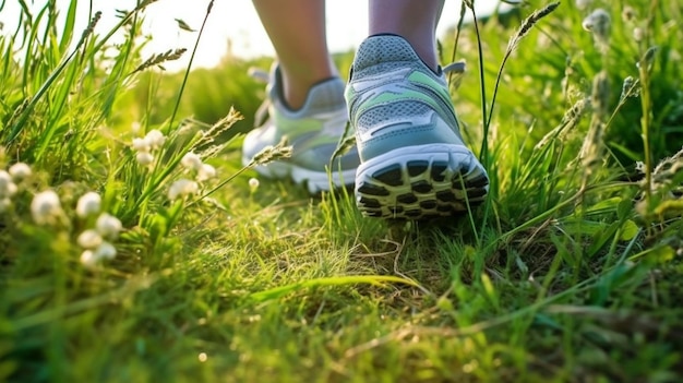 Image IA générative d'un pied humain faisant du jogging sur l'herbe tout en portant des chaussures de sport