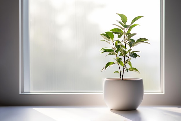 Image IA générative d'une plante d'intérieur verte sur une table blanche près de la fenêtre