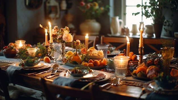 Image IA générative d'une table de dîner en plein air, bohème éclectique et dynamique