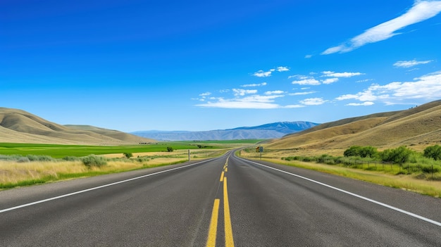 Image d'illustration du paysage avec route de campagne, route asphaltée vide sur fond bleu ciel nuageux. Image horizontale extérieure vibrante multicolore, illustration générative de l'IA