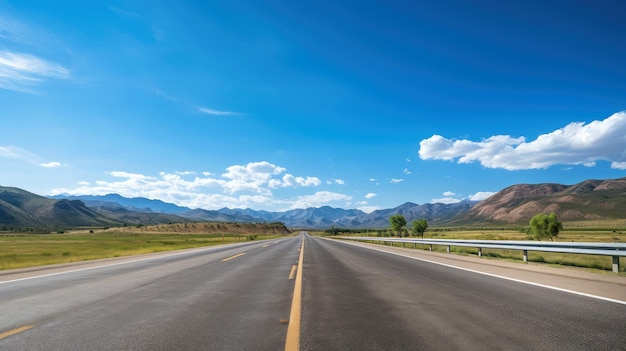 Image d'illustration du paysage avec route de campagne, route asphaltée vide sur fond bleu ciel nuageux. Image horizontale extérieure vibrante multicolore, illustration générative de l'IA