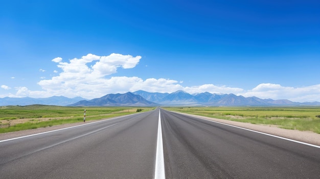 Image d'illustration du paysage avec route de campagne, route asphaltée vide sur fond bleu ciel nuageux. Image horizontale extérieure vibrante multicolore, illustration générative de l'IA