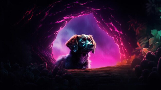 Photo image d'illustration de lumière néon de la grotte du chien assis ai généré par l'art