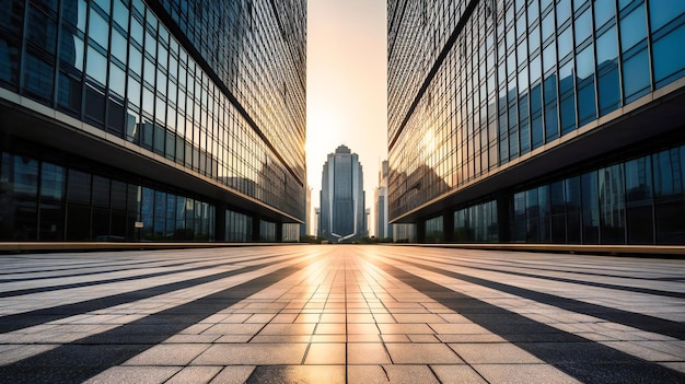 Une image impressionnante d'un gratte-ciel moderne dominant un trottoir vide