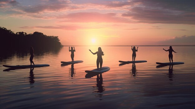 Une image d'individus pratiquant le yoga sur des paddleboards mélangeant les effets apaisants du yoga avec t