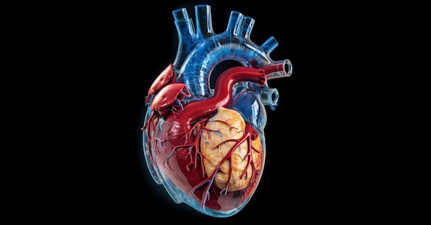 Une image informative et éducative d'un cœur humain présentée dans un style propre et clinique en mettant l'accent sur la précision et les détails anatomiques Generative Ai