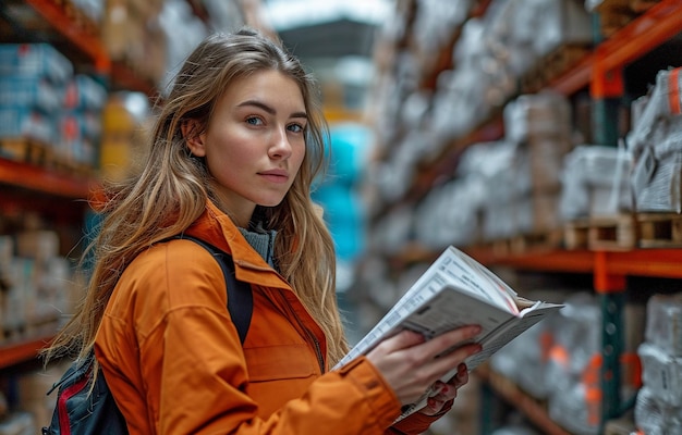 Image d'une ingénieure maritime inspectant les fournitures et les produits sur des étagères tout en effectuant un inventaire de base des marchandises dans un entrepôt d'usine.