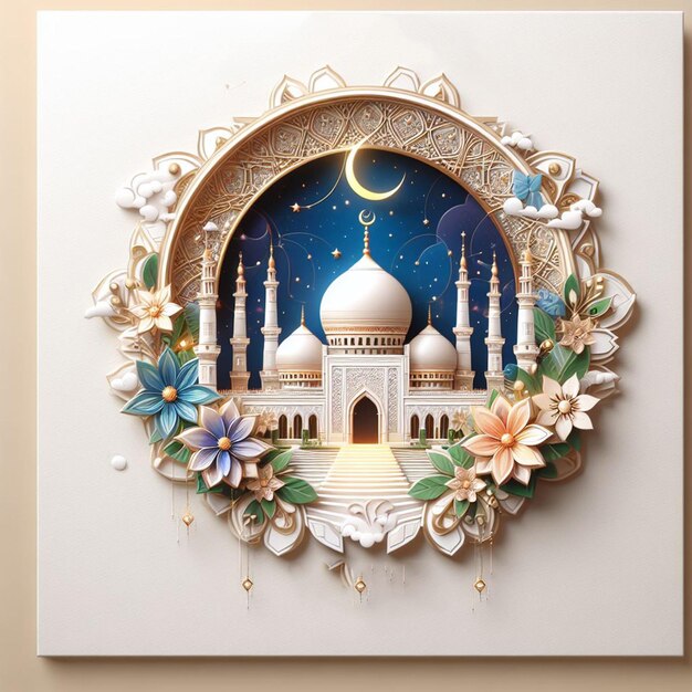 une image d'inspiration d'une mosquée avec une lune bleue et des fleurs dessus