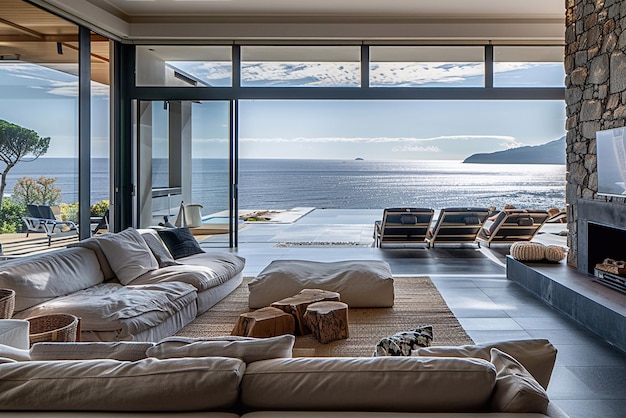 Photo image intérieure d'un salon de maison de plage moderne et confortable avec vue sur la mer à l'extérieur