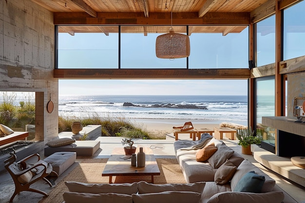 Image intérieure d'un salon de maison de plage moderne et confortable avec vue sur la mer à l'extérieur