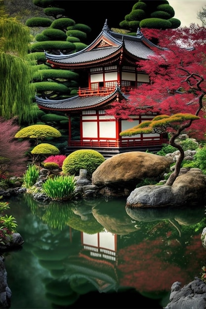 Image d'un jardin japonais avec étang et pagode ai générative