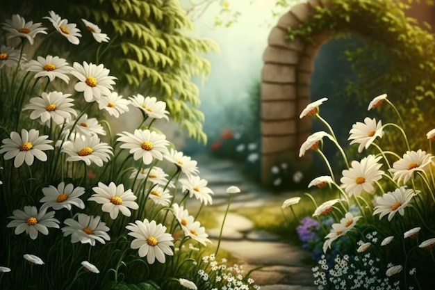 Une image de jardin avec des marguerites blanches Generative AI