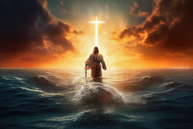 Photo image de jésus-christ marchant sur l'eau et priant dieu generative ai technology