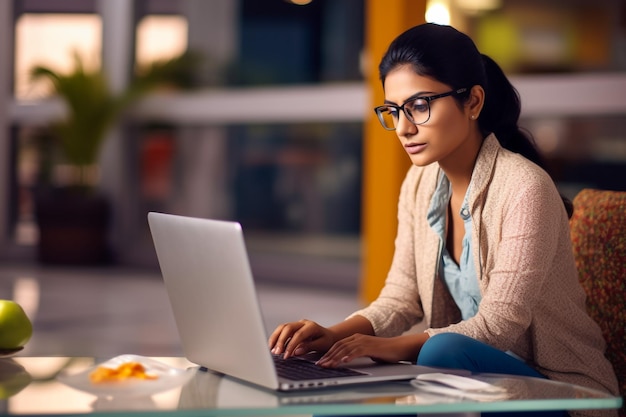 Image d'une jeune femme belle et joyeuse souriante alors qu'elle travaille avec un ordinateur portable au bureau