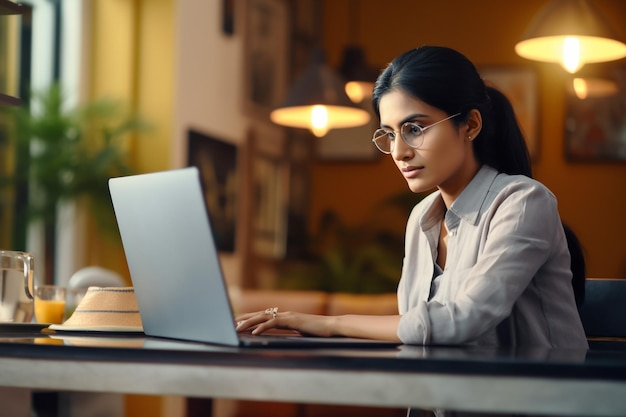 Image d'une jeune femme belle et joyeuse souriante alors qu'elle travaille avec un ordinateur portable au bureau