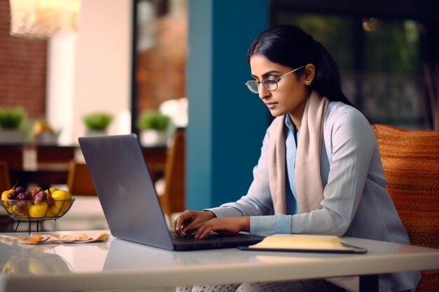 Image d'une jeune femme belle et joyeuse souriante alors qu'elle travaille avec un ordinateur portable au bureau