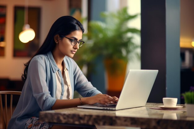 Image d'une jeune femme belle et joyeuse souriante alors qu'elle travaille avec un ordinateur portable au bureau