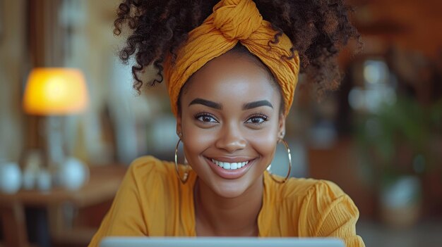 Une image d'une jeune femme belle travaillant avec son ordinateur portable dans un bureau tout en souriant