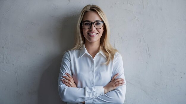 Photo image d'une jeune femme blonde en lunettes debout comme un professionnel souriant et regardant confiant cros