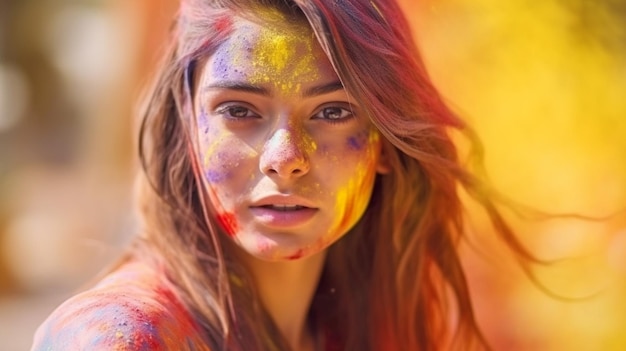 Image d'une jeune femme charmante qui a éclaboussé de peinture colorée lors de la célébration indienne des couleurs Holi Generative AI