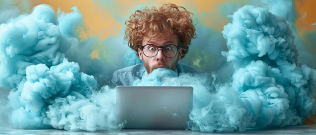 Photo une image d'un jeune homme d'affaires utilisant un ordinateur portable et regardant le ciel bleu et les nuages tout en regardant les entreprises asiatiques de hong kong et les techniques d'informatique en nuage