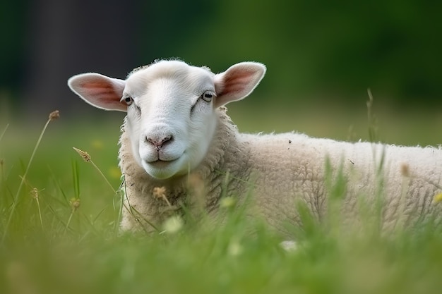 Image de jeunes moutons se reposant sur l'herbe verte des pâturages en été Animaux de la ferme Illustration Generative AI