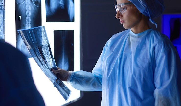 Photo image d'une jolie femme médecin regardant les résultats d'une radiographie
