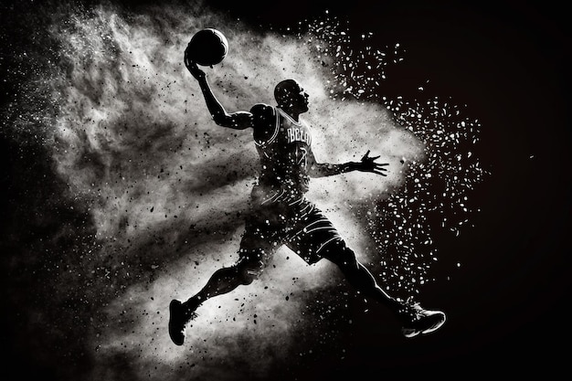 Image d'un joueur de basket-ball sautant avec une vue de boule de poussière et de fumée