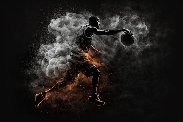 Image d'un joueur de basket-ball sautant avec une vue de boule de poussière et de fumée