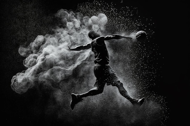 Image d'un joueur de basket-ball sautant avec une vue de boule de poussière et de fumée