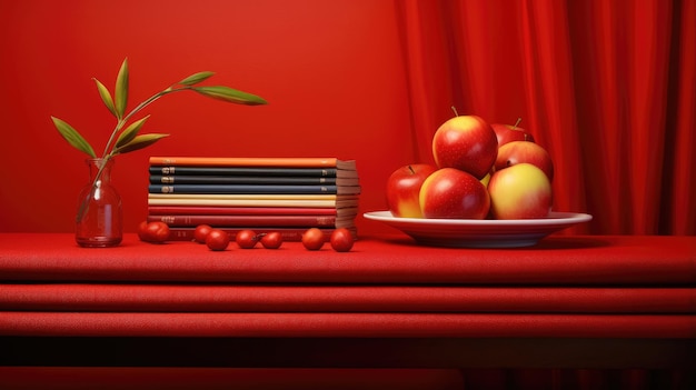 Image de la Journée mondiale des enseignants avec des livres et des crayons de pommes sur table et fond rouge