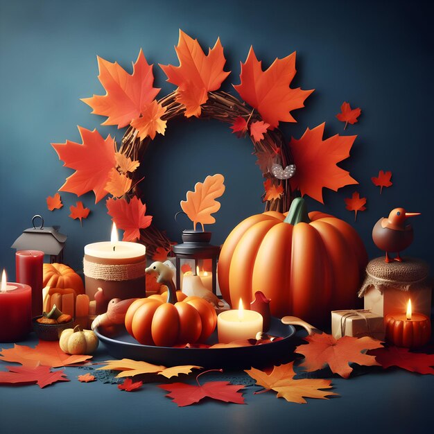 Image d'une joyeuse fête de Thanksgiving avec des feuilles d'érable et une citrouille sur un fond sombre