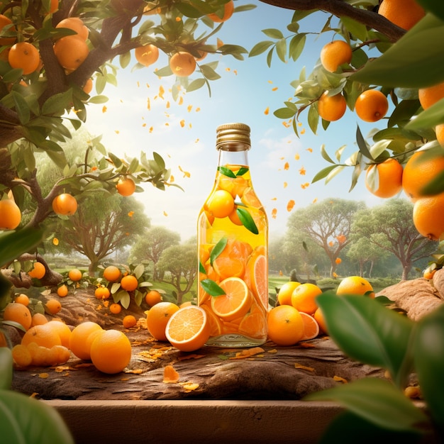 Image d'un jus d'orange naturel dans une bouteille avec des oranges autour