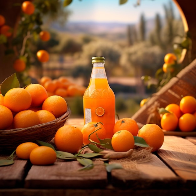 Image d'un jus d'orange naturel dans une bouteille avec des oranges autour