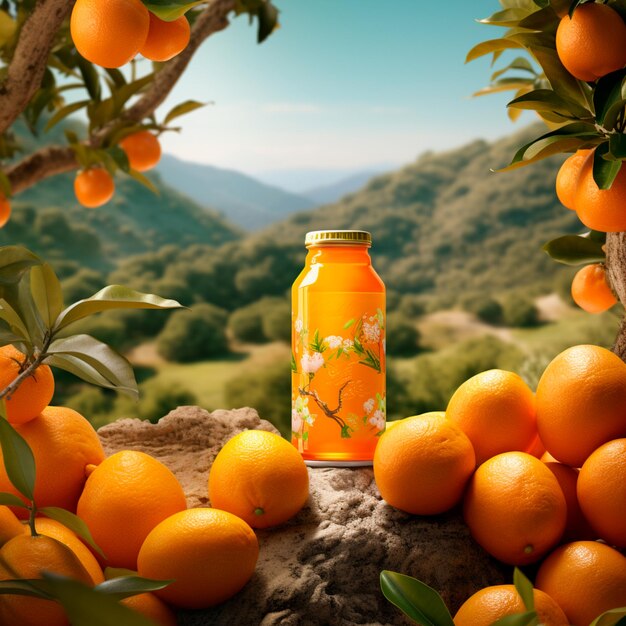 Image d'un jus d'orange naturel dans une bouteille avec des oranges autour