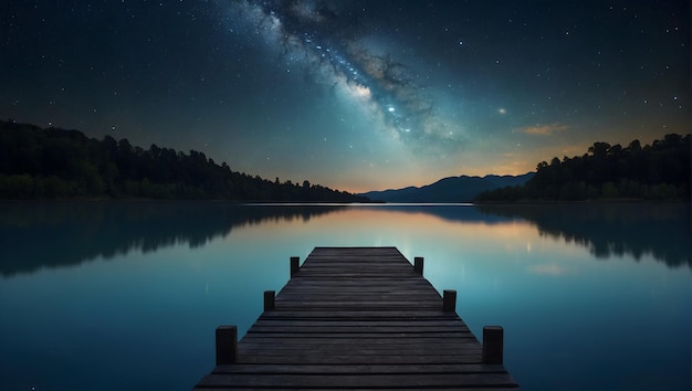 une image d'un lac avec un ciel étoilé et un port avec un lac et un port en arrière-plan