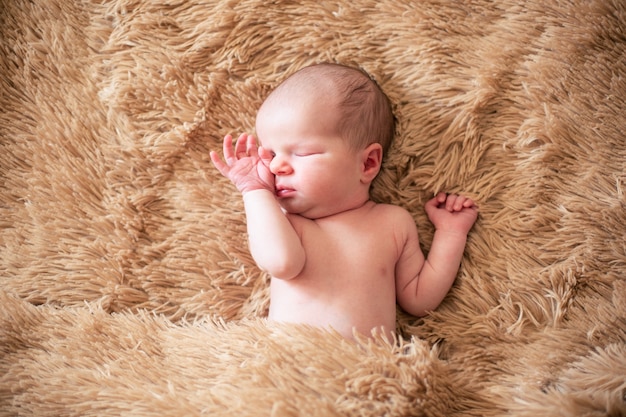 Image laconique de petits endroits de bébé sur une surface pelucheuse fermant les yeux cachés et touchant le visage